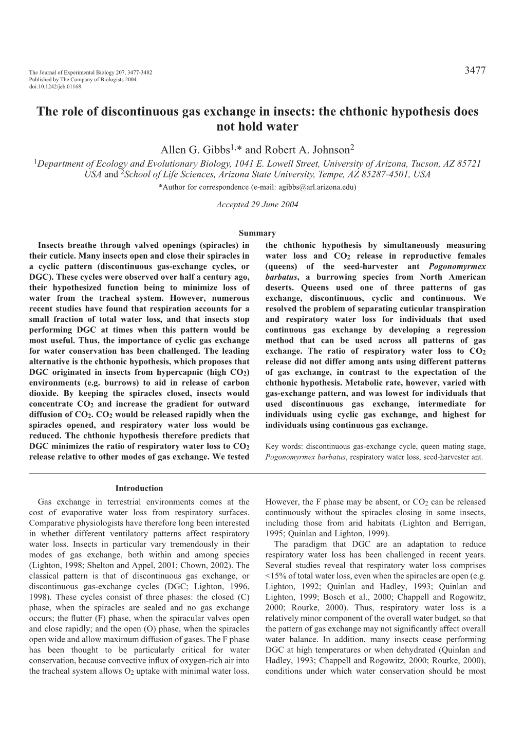 The Role of Discontinuous Gas Exchange in Insects: the Chthonic Hypothesis Does Not Hold Water Allen G