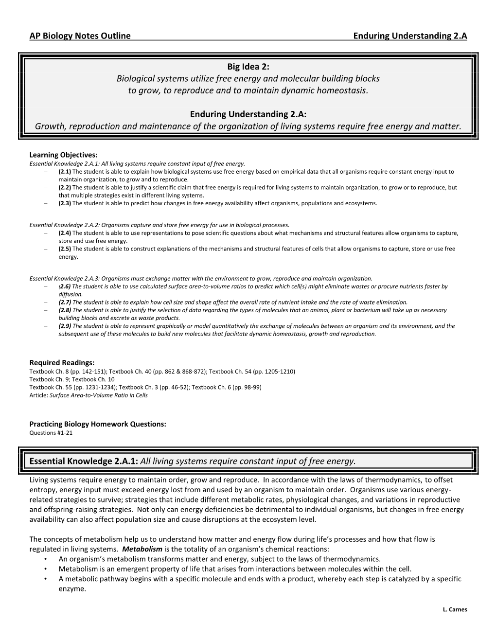 AP Biology Notes Outline Enduring Understanding 2.A Big Idea 2