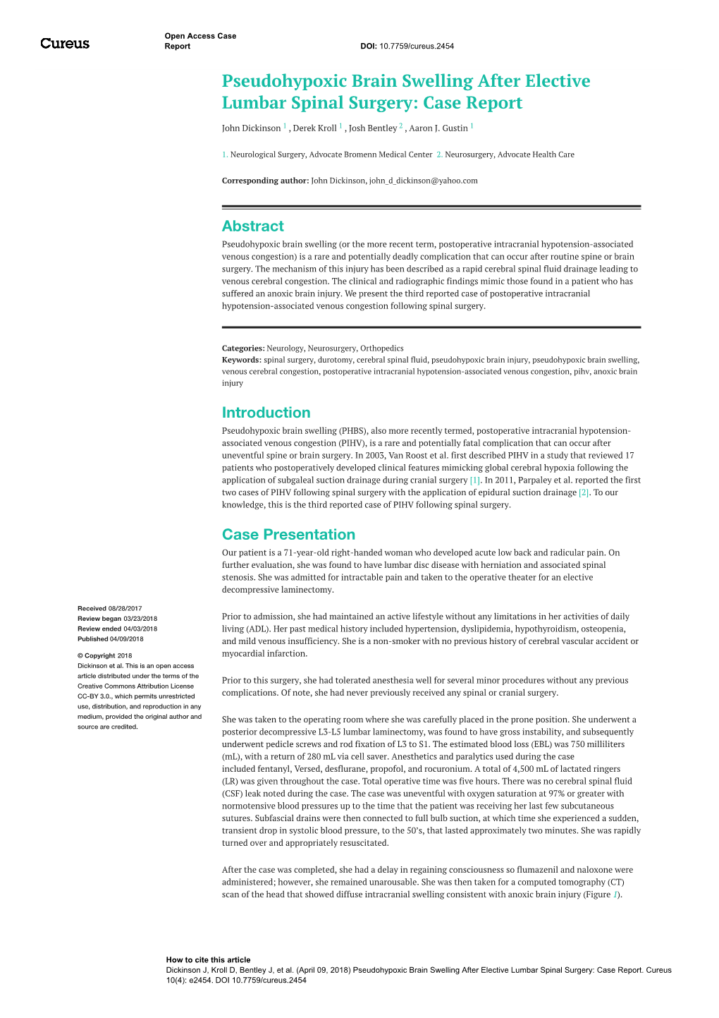 Pseudohypoxic Brain Swelling After Elective Lumbar Spinal Surgery: Case Report