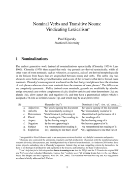 Nominal Verbs and Transitive Nouns: Vindicating Lexicalism*