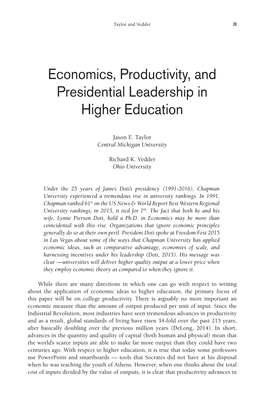 Economics, Productivity, and Presidential Leadership in Higher Education