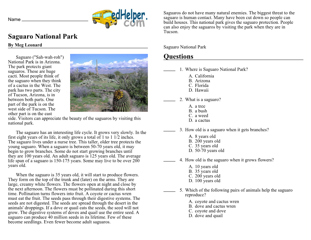 Saguaro National Park Questions