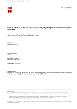 Parasite Infection of the Non-Indigenous Round Goby (Neogobius Melanostomus) in the Baltic Sea