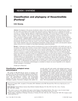 Classification and Phylogeny of Hexactinellida (Porifera)1