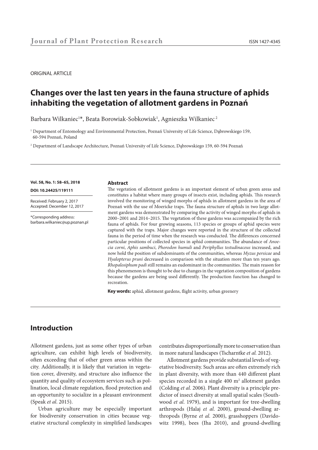 Changes Over the Last Ten Years in the Fauna Structure of Aphids Inhabiting the Vegetation of Allotment Gardens in Poznań