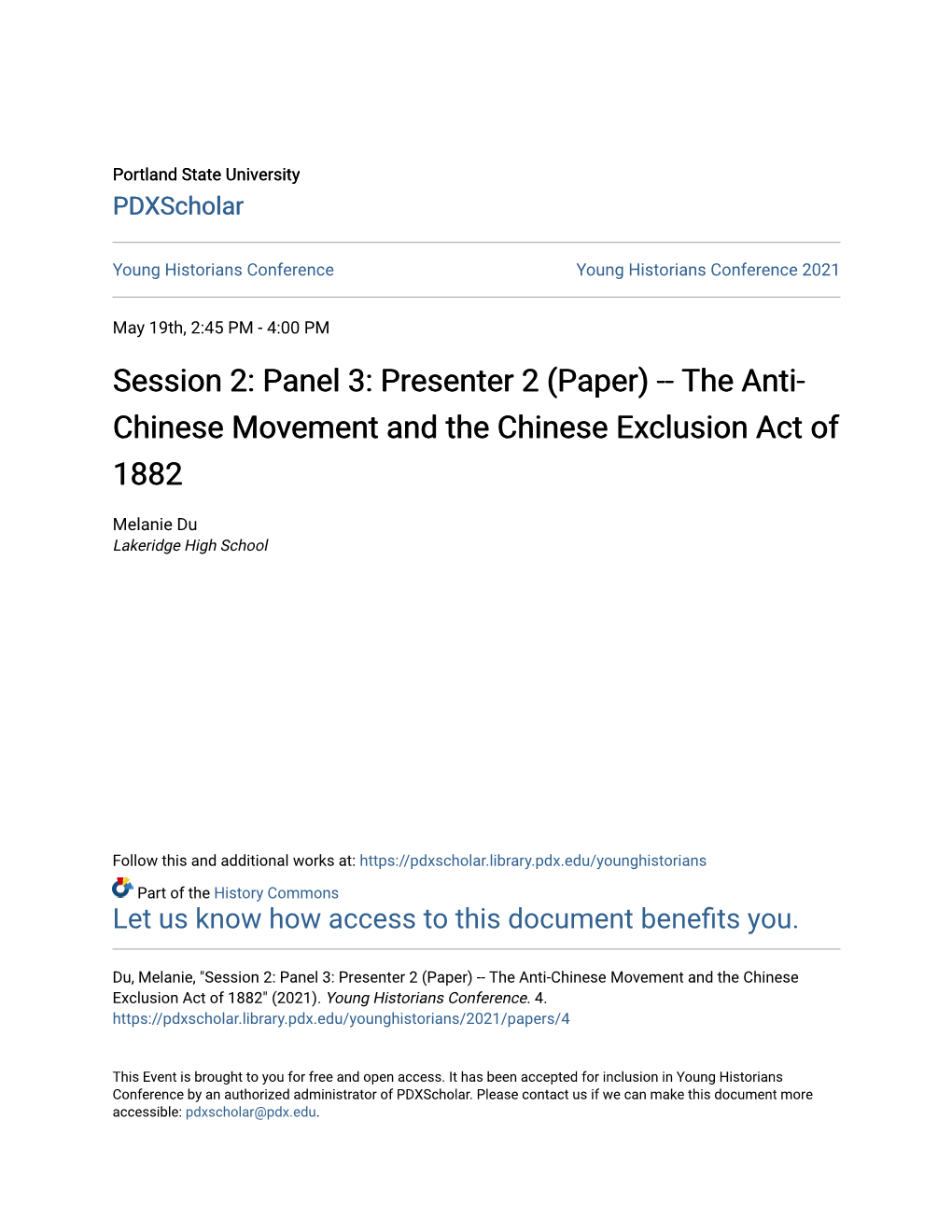 Presenter 2 (Paper) -- the Anti-Chinese Movement and the Chinese Exclusion Act of 1882