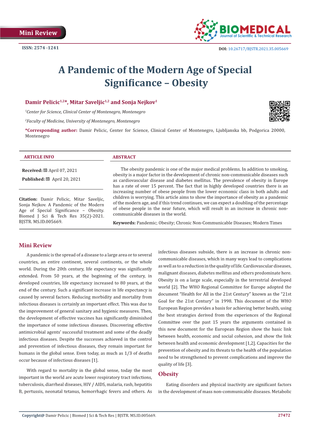 A Pandemic of the Modern Age of Special Significance – Obesity