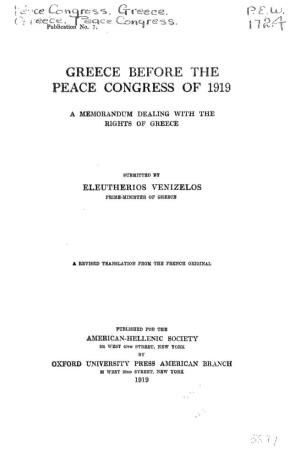 Greece Before the Peace Congress of 1919