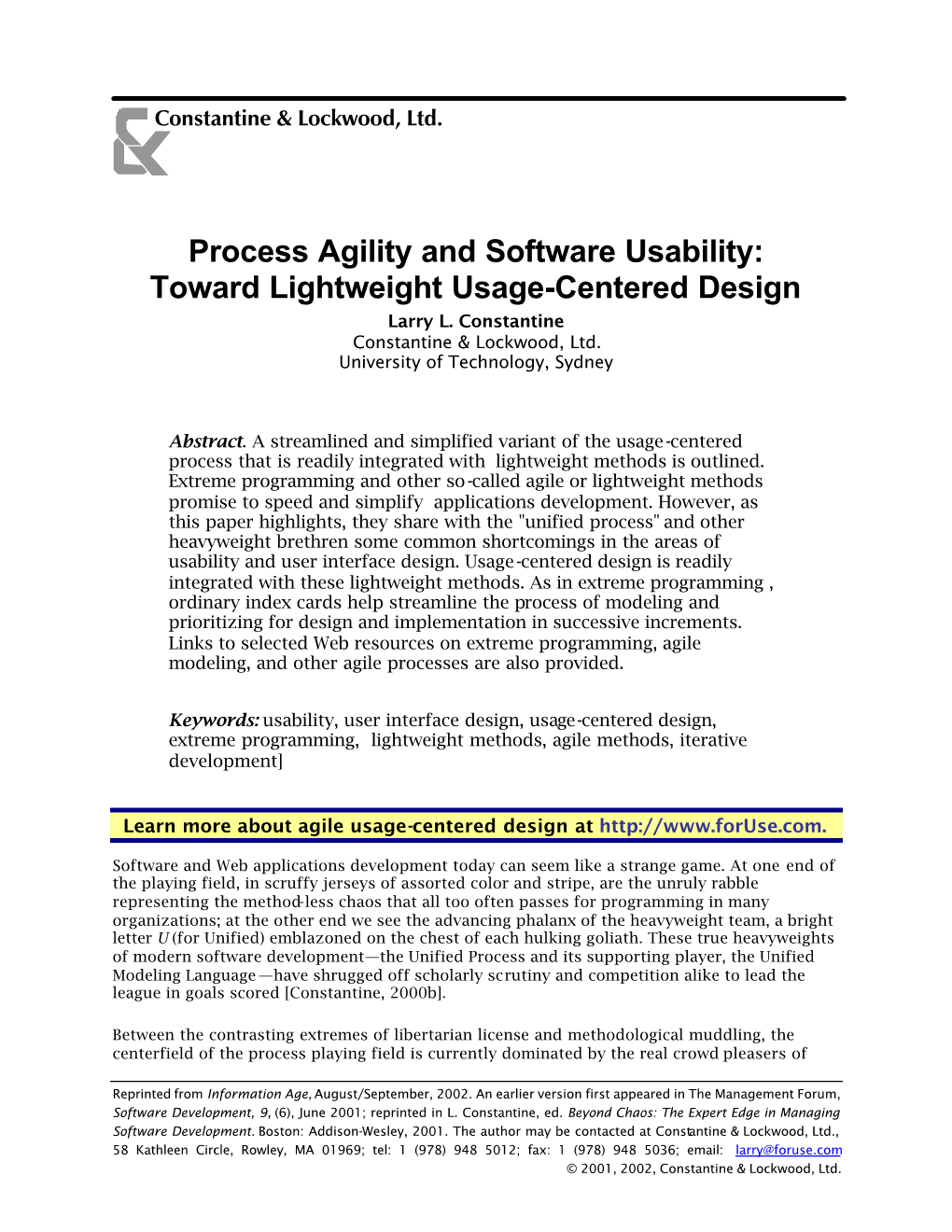 Process Agility and Software Usability: Toward Lightweight Usage-Centered Design Larry L