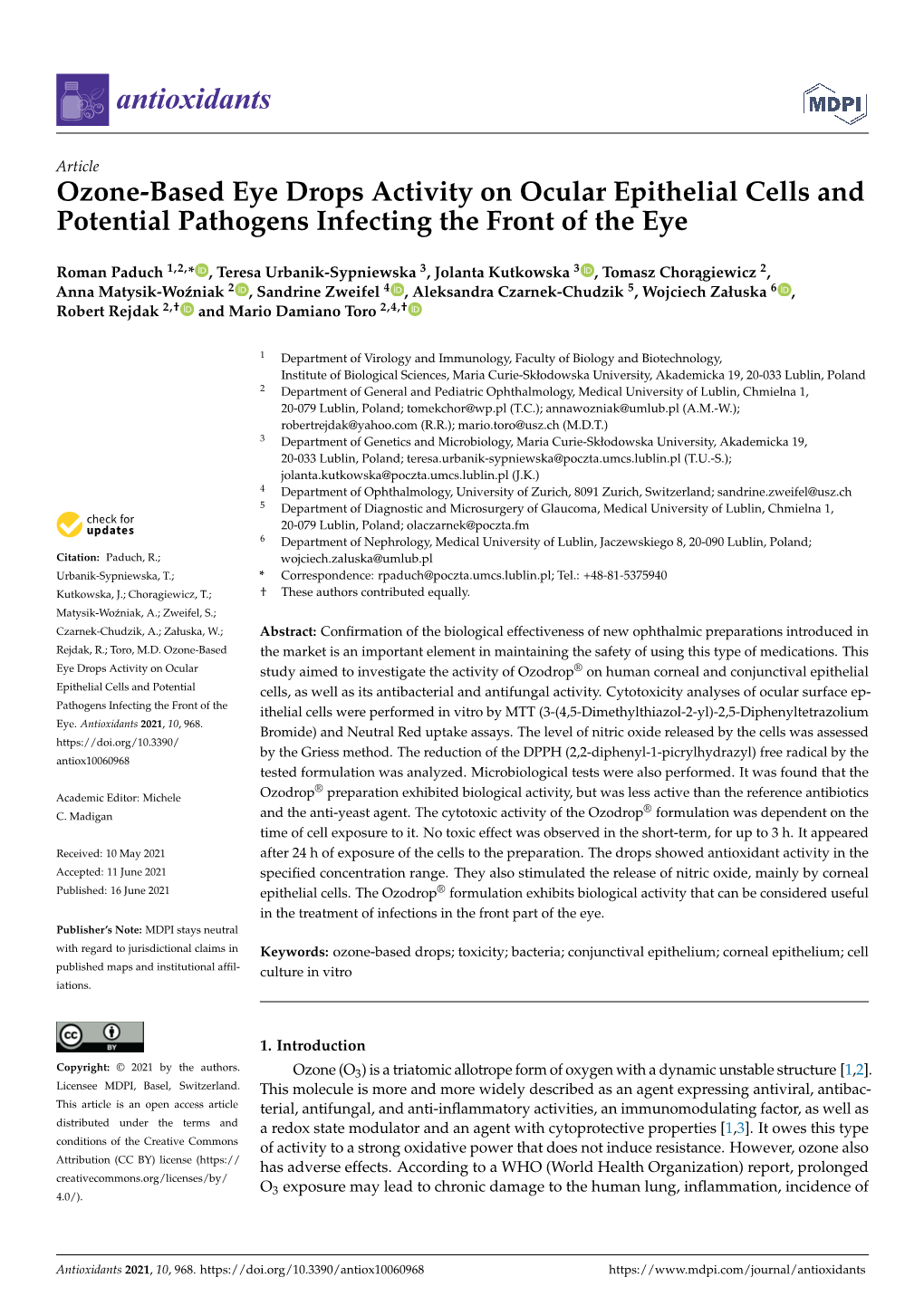 Ozone-Based Eye Drops Activity on Ocular Epithelial Cells and Potential Pathogens Infecting the Front of the Eye