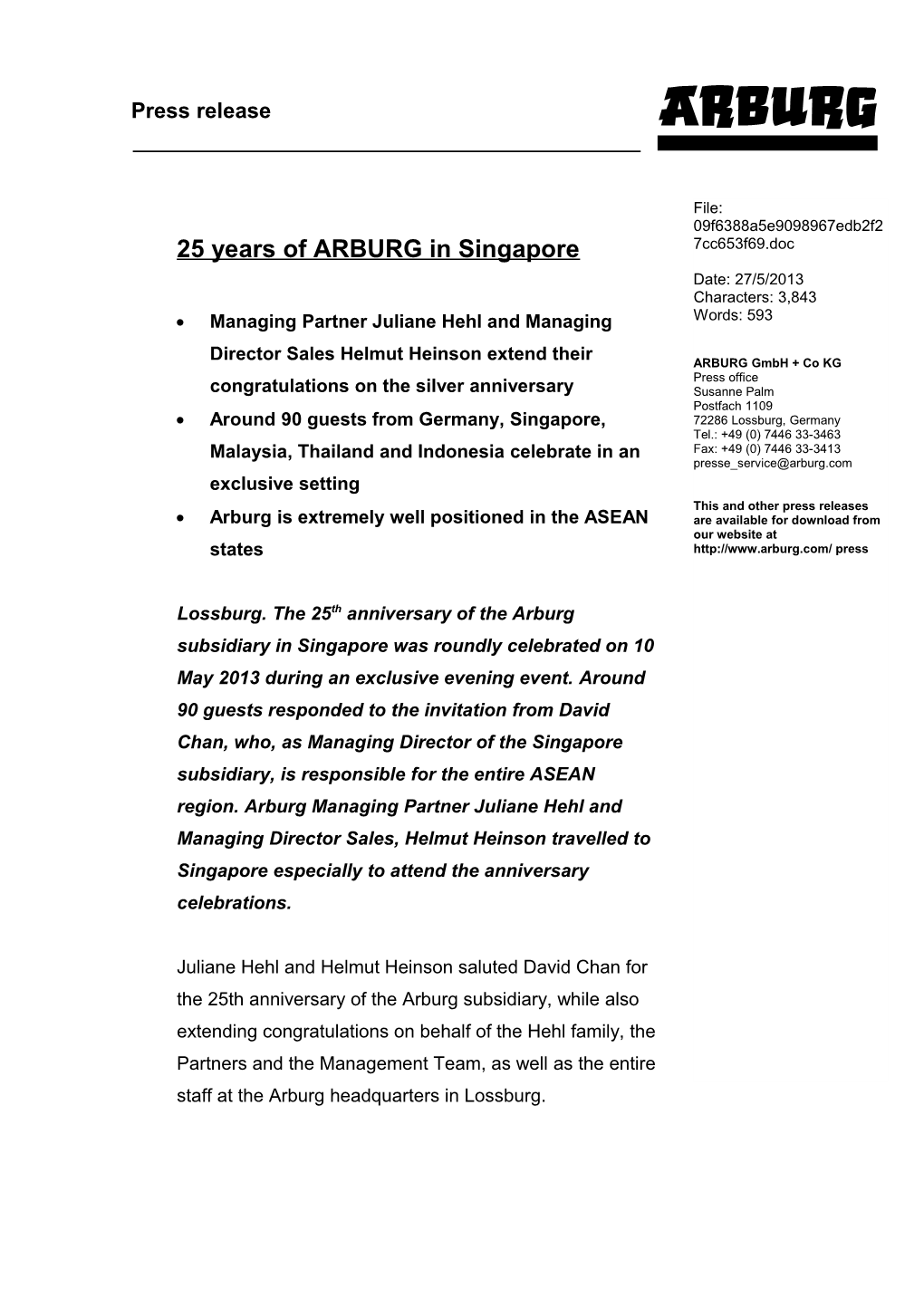 25 Years of ARBURG in Singapore