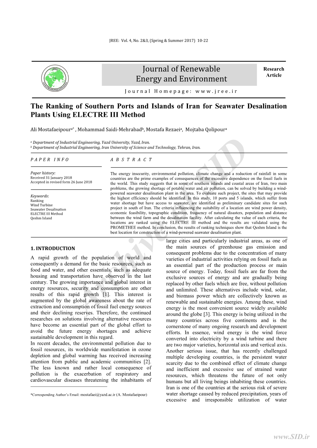 The Ranking of Southern Ports and Islands of Iran for Seawater Desalination Plants Using ELECTRE III Method