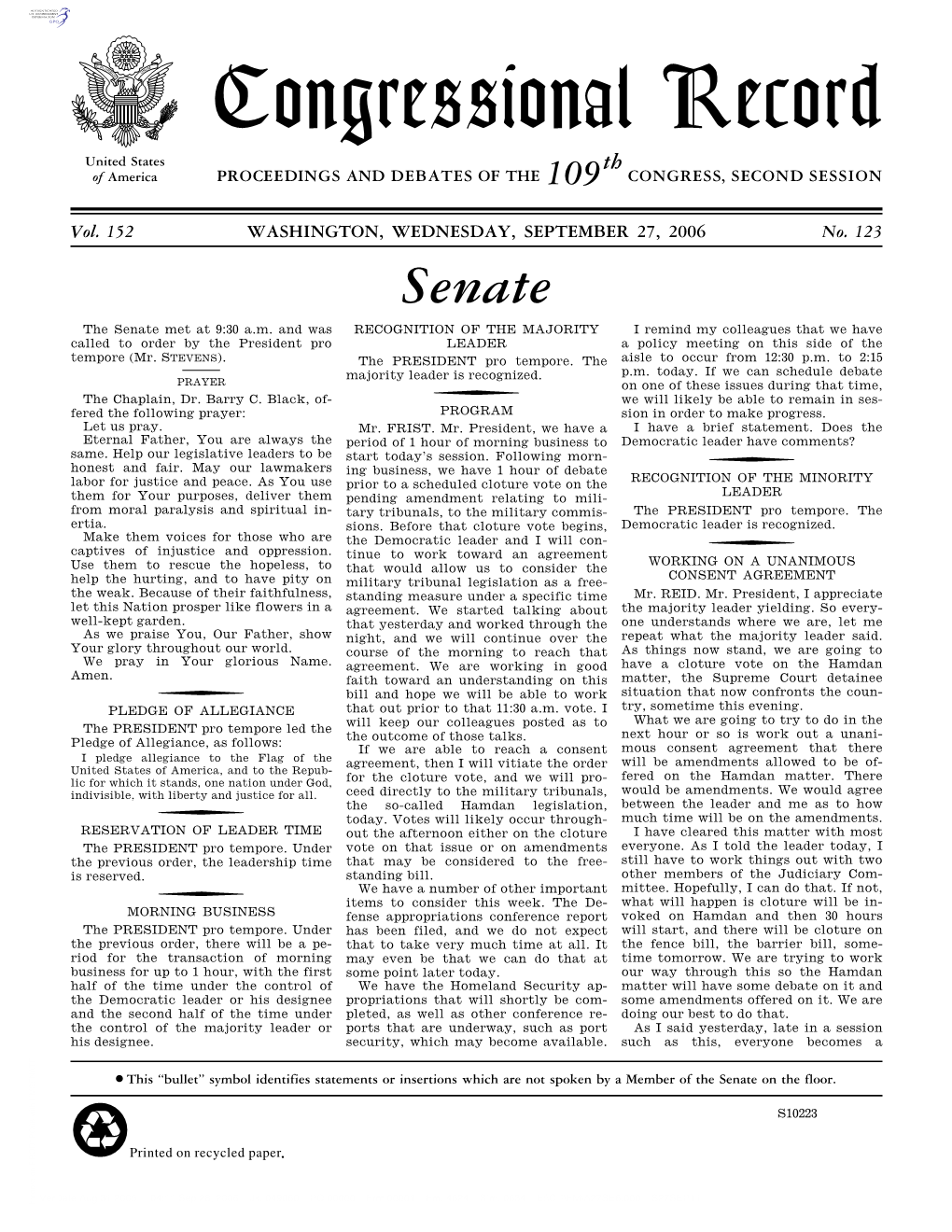 Congressional Record United States Th of America PROCEEDINGS and DEBATES of the 109 CONGRESS, SECOND SESSION