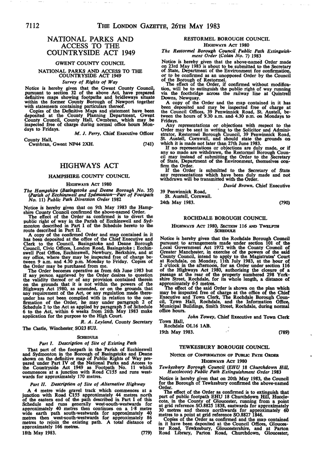 THE LONDON GAZETTE, 26Ra MAY 1983 NATIONAL PARKS and RESTORMEL BOROUGH COUNCIL ACCESS to the HIGHWAYS ACT 1980 the Restormel Borough Council