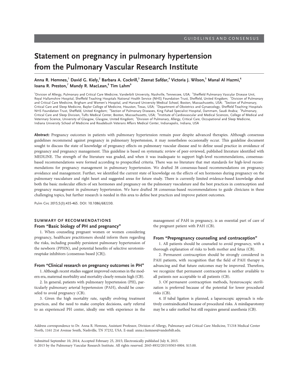 Statement on Pregnancy in Pulmonary Hypertension from the Pulmonary Vascular Research Institute