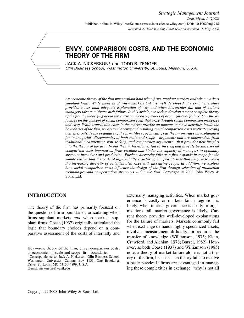 Envy, Comparison Costs, and the Economic Theory of the Firm Jack A