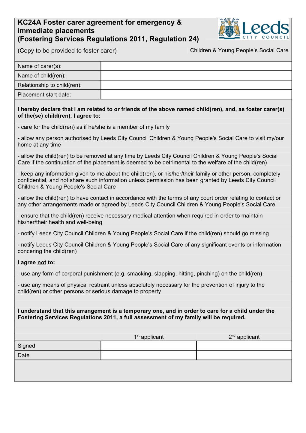 KC24A Foster Carer Agreement for Emergency & Immediate Placements