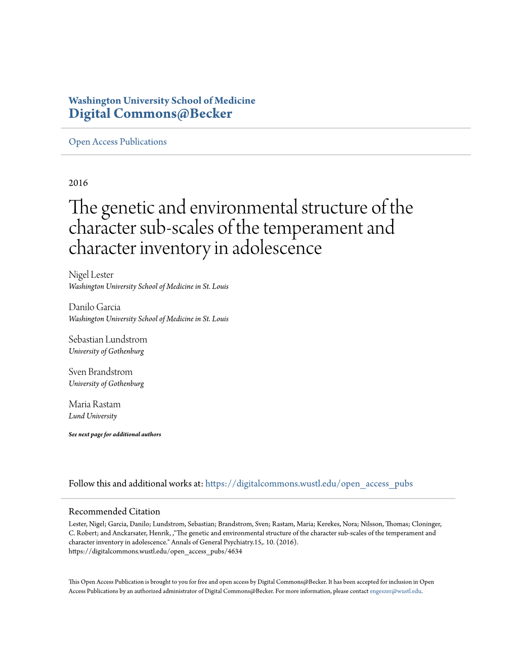 The Genetic and Environmental Structure of the Character Sub