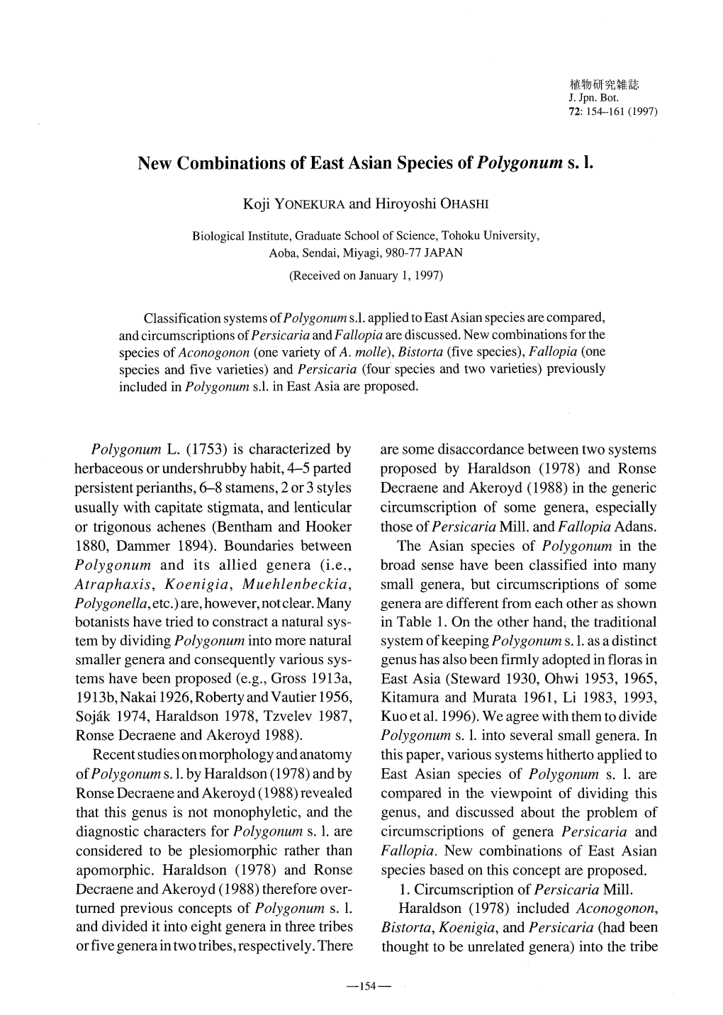 New Combinations of East Asian Species of Polygonum Sl