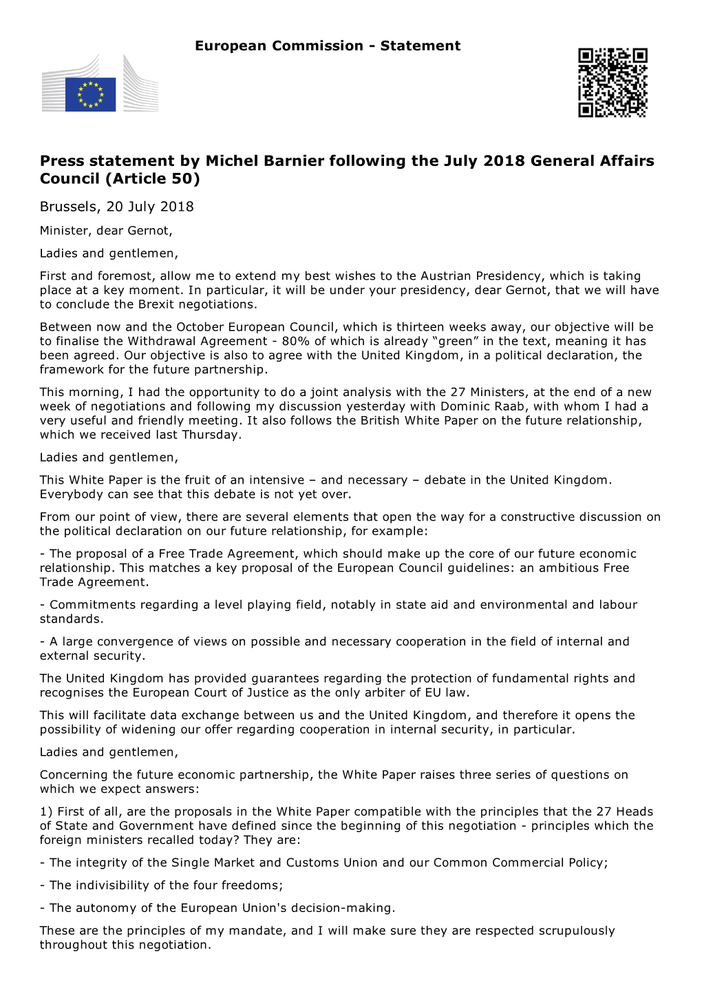 Press Statement by Michel Barnier Following