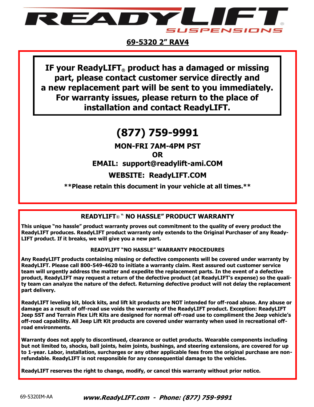 IF Your Readylift® Product Has a Damaged Or Missing Part, Please Contact Customer Service Directly and a New Replacement Part Will Be Sent to You Immediately