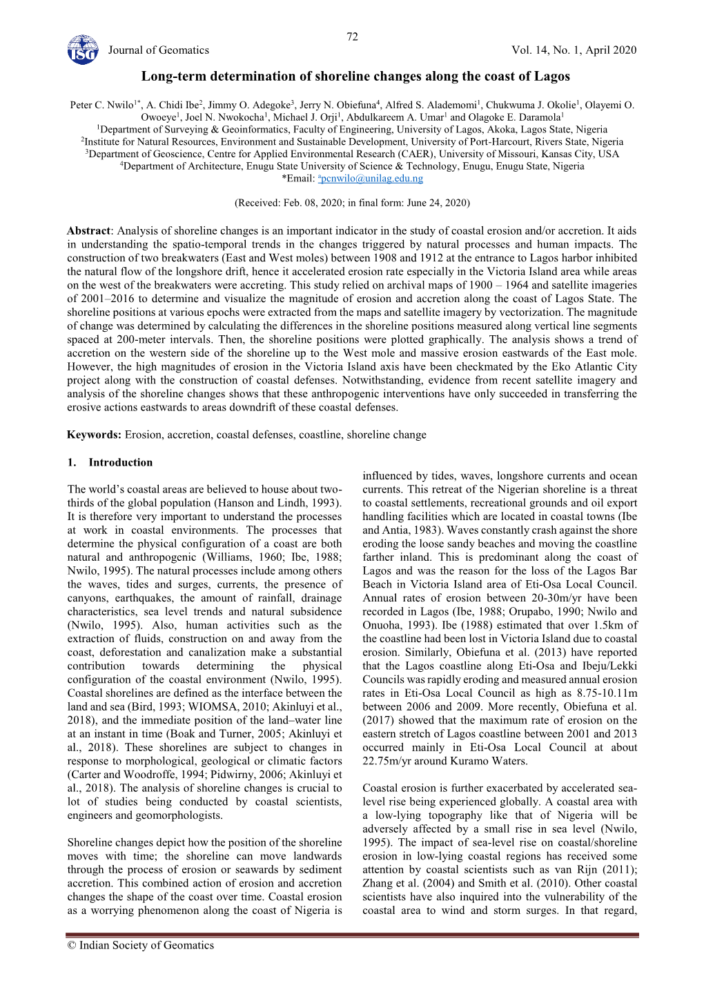 Long-Term Determination of Shoreline Changes Along the Coast of Lagos