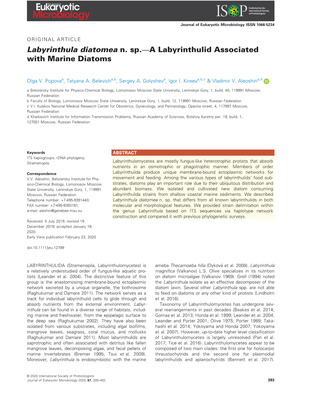 Labyrinthula Diatomea N. Sp.—A Labyrinthulid Associated with Marine Diatoms