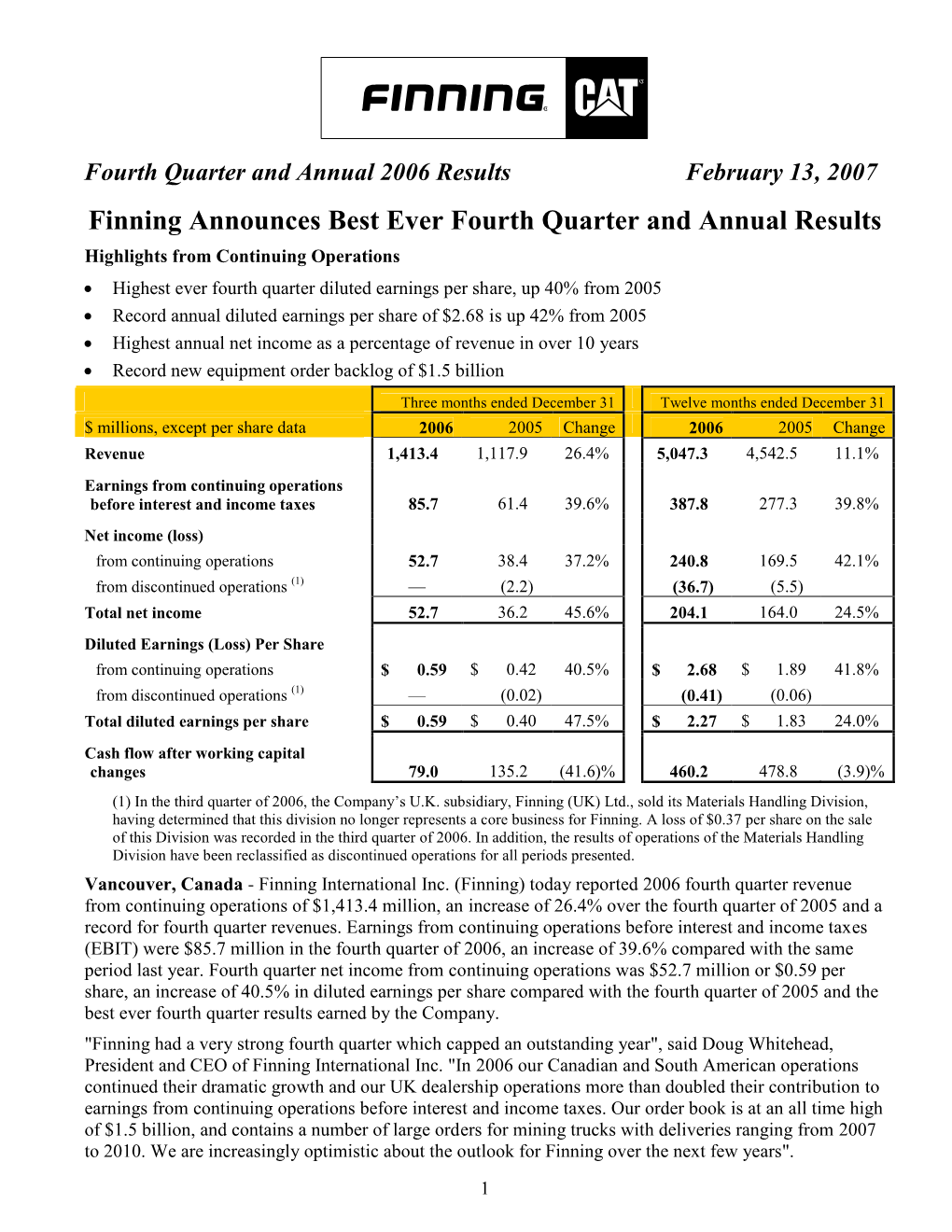 Finning Announces Best Ever Fourth Quarter and Annual Results