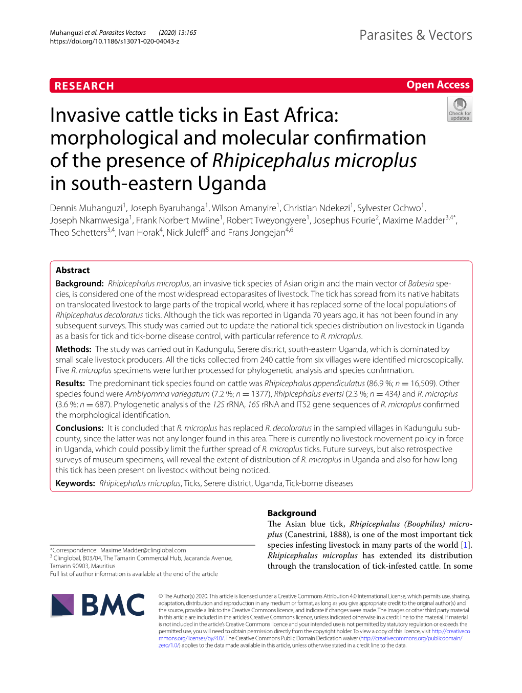 Invasive Cattle Ticks in East Africa: Morphological and Molecular