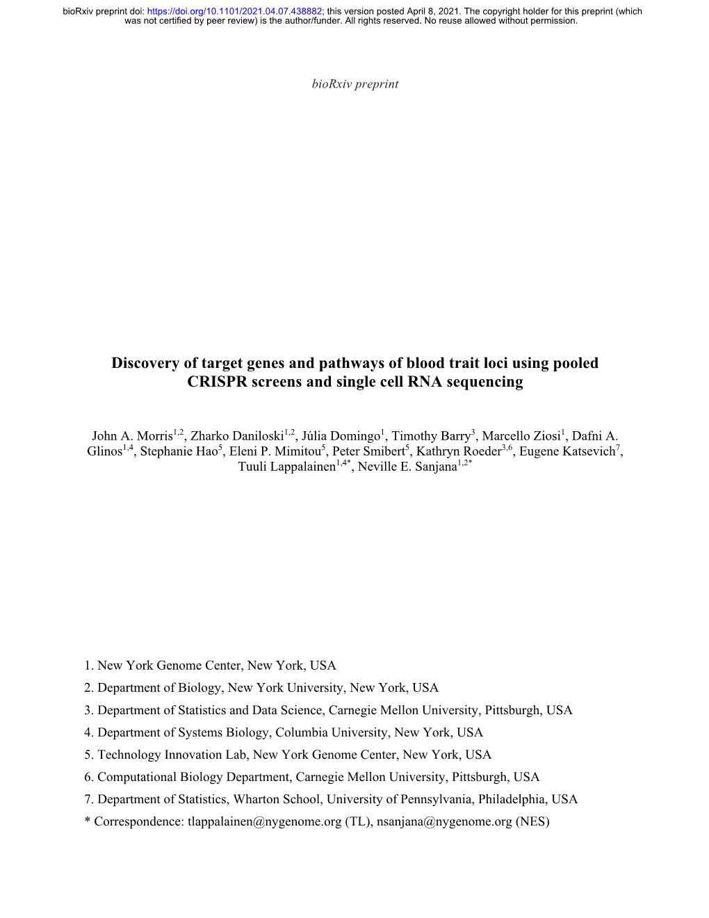 Discovery of Target Genes and Pathways of Blood Trait Loci Using Pooled CRISPR Screens and Single Cell RNA Sequencing