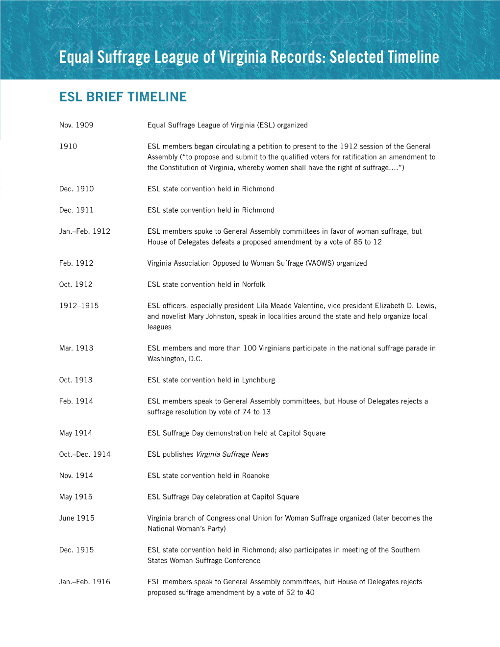 Equal Suffrage League of Virginia Records: Selected Timeline