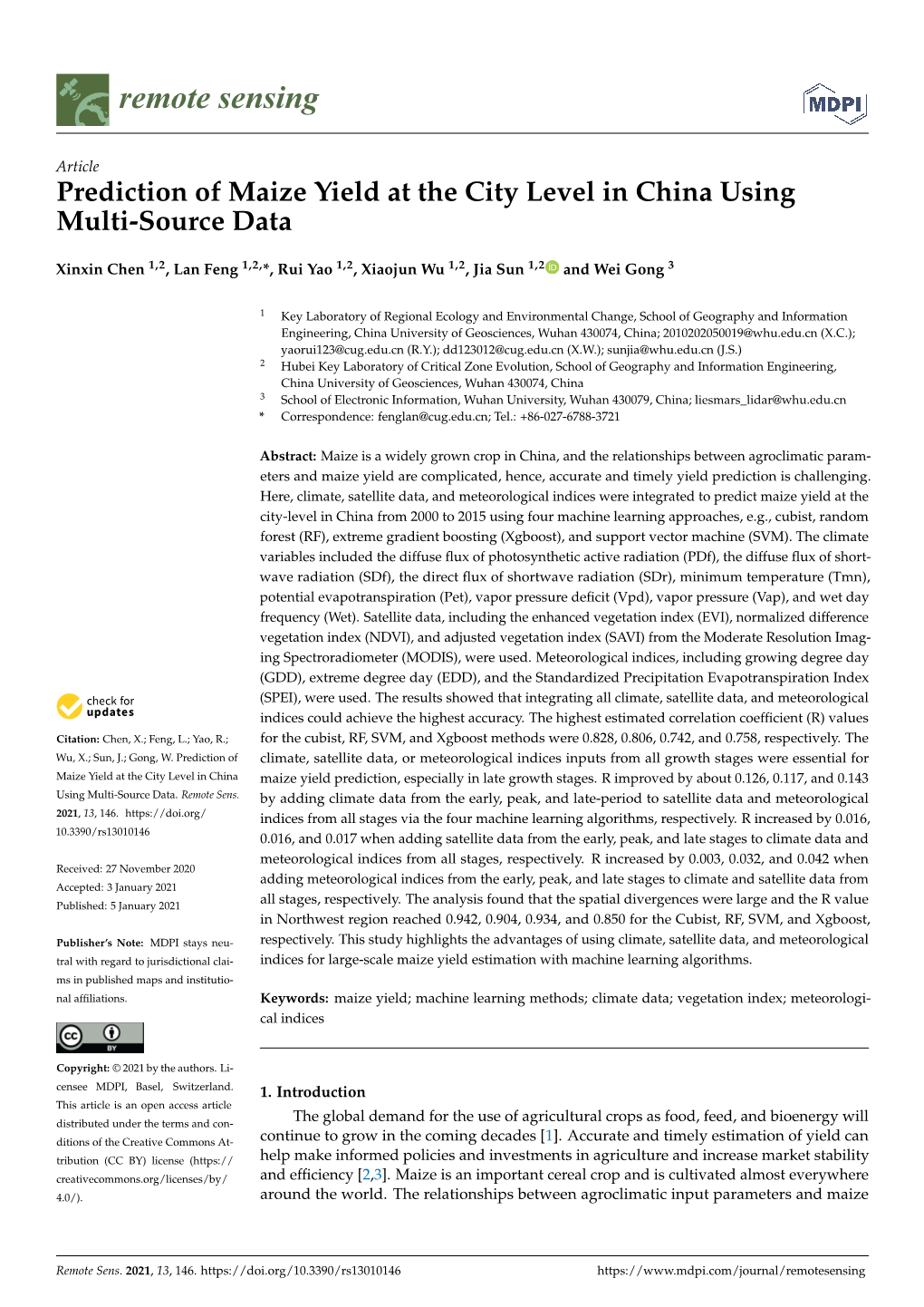 Prediction of Maize Yield at the City Level in China Using Multi-Source Data