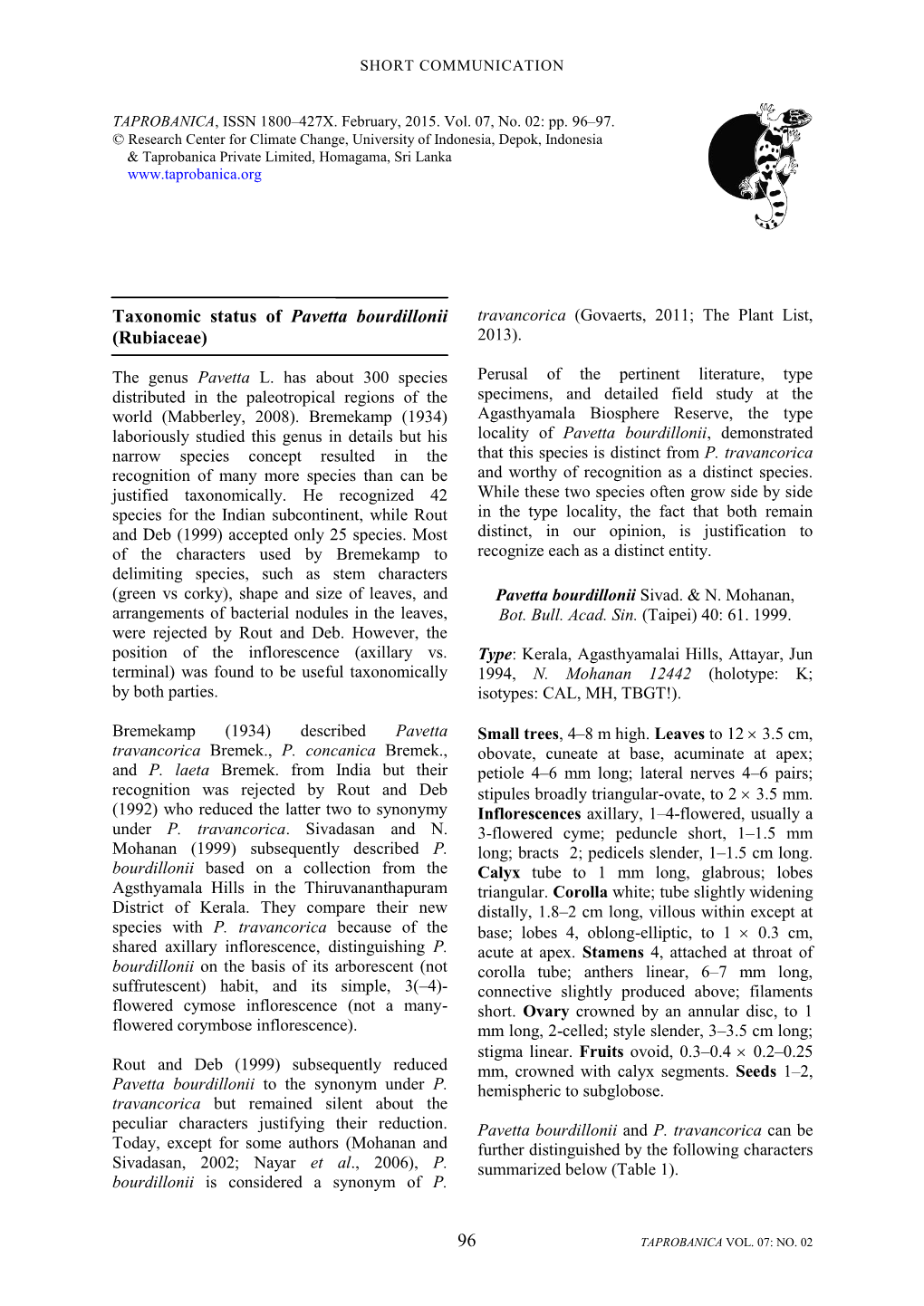 96 Taxonomic Status of Pavetta Bourdillonii (Rubiaceae)