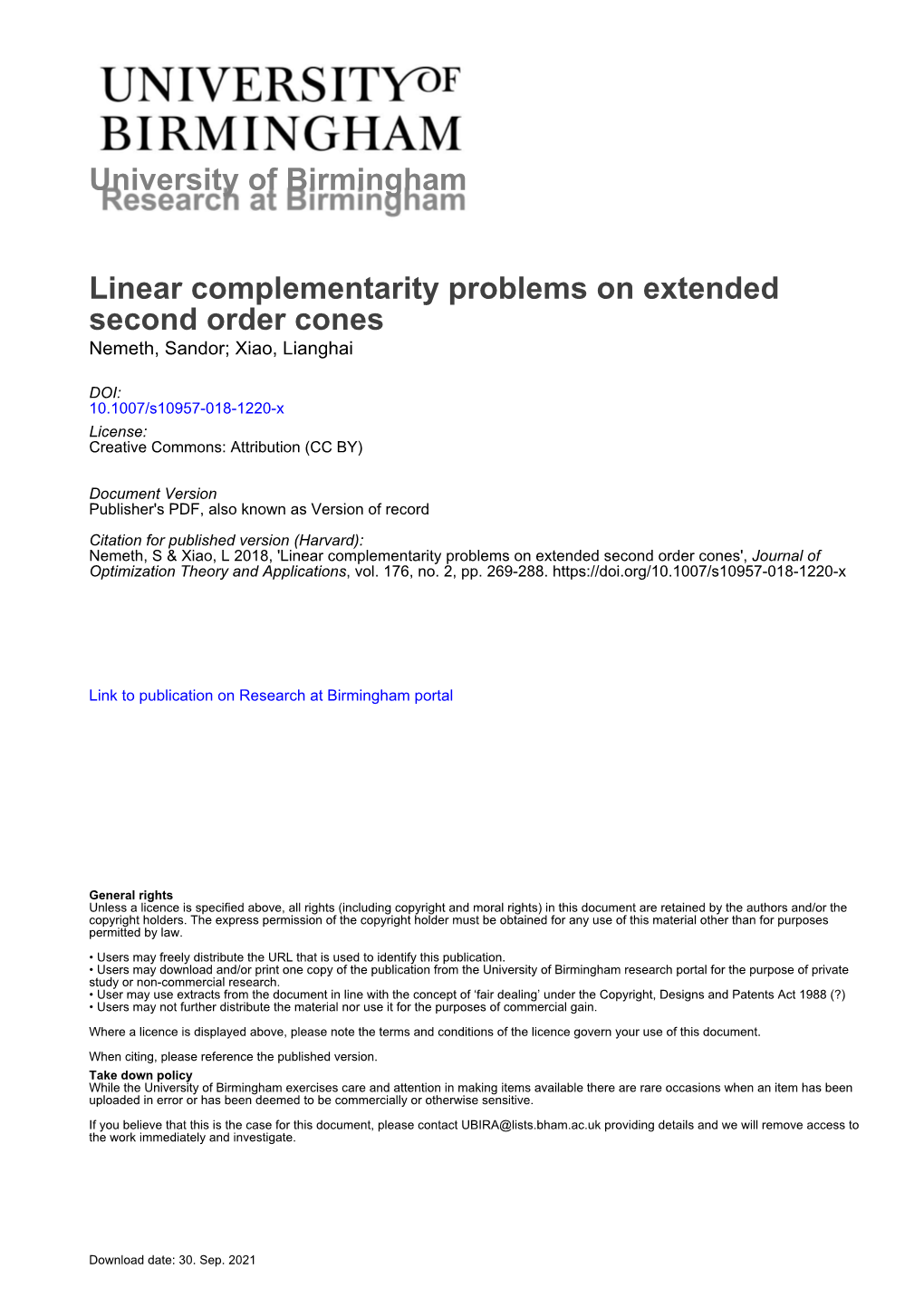 Linear Complementarity Problems on Extended Second Order Cones Nemeth, Sandor; Xiao, Lianghai