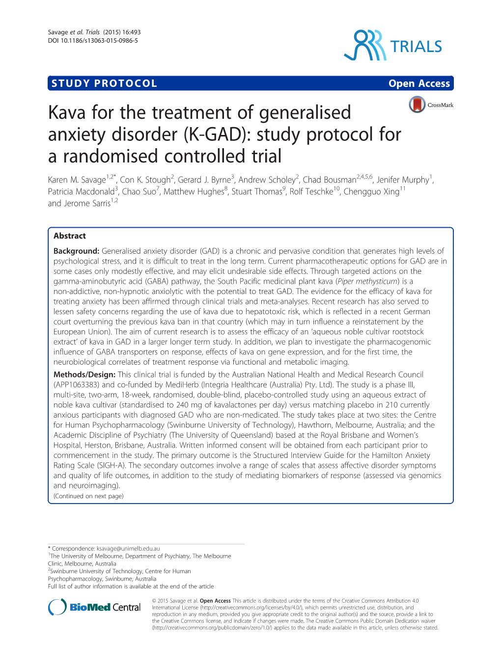 Kava for the Treatment of Generalised Anxiety Disorder (K-GAD): Study Protocol for a Randomised Controlled Trial Karen M