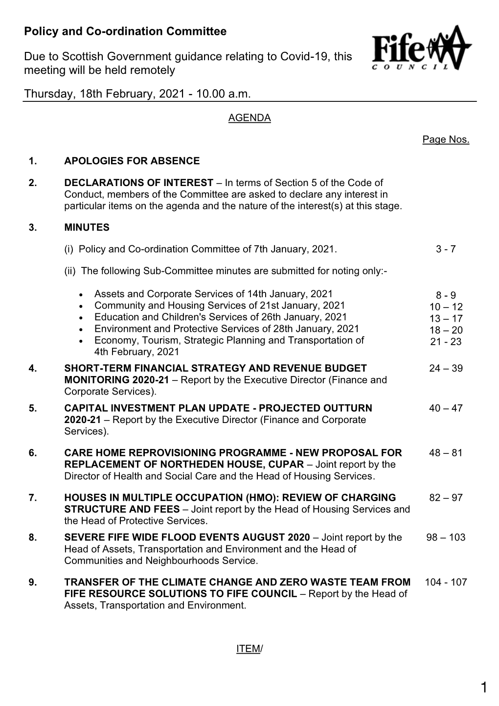 Policy and Co-Ordination Committee Due to Scottish Government