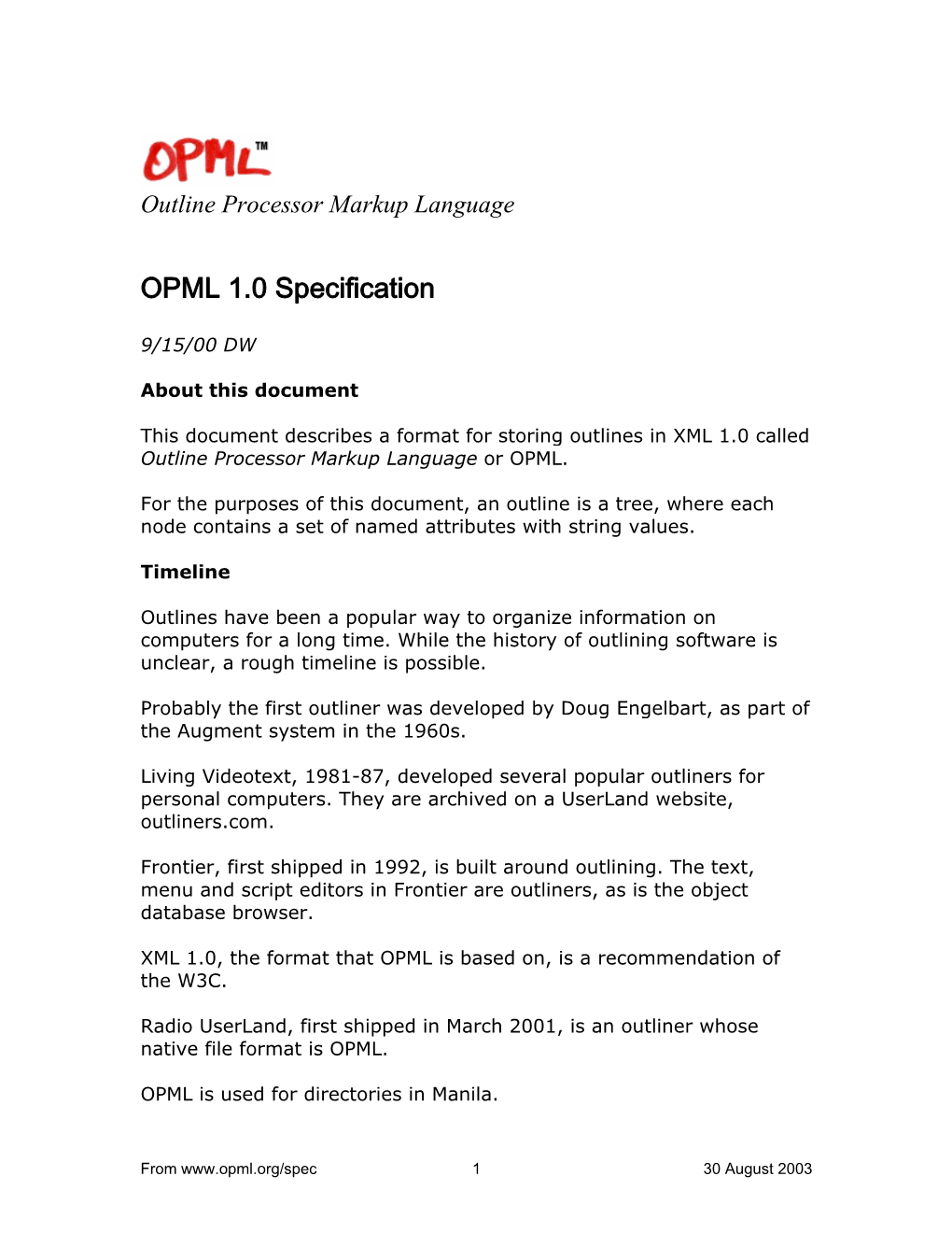 Outlin Processor Markup Language OPML 1.0 Specification