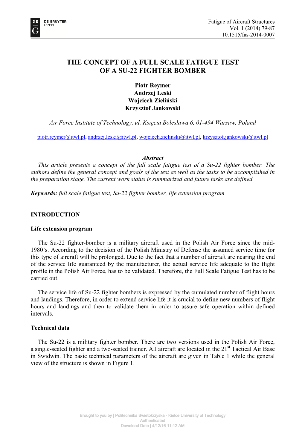 The Concept of a Full Scale Fatigue Test of a Su-22 Fighter Bomber