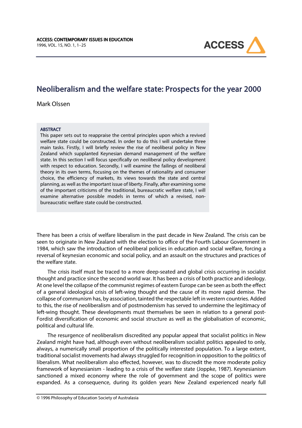 Neoliberalism and the Welfare State: Prospects for the Year 2000