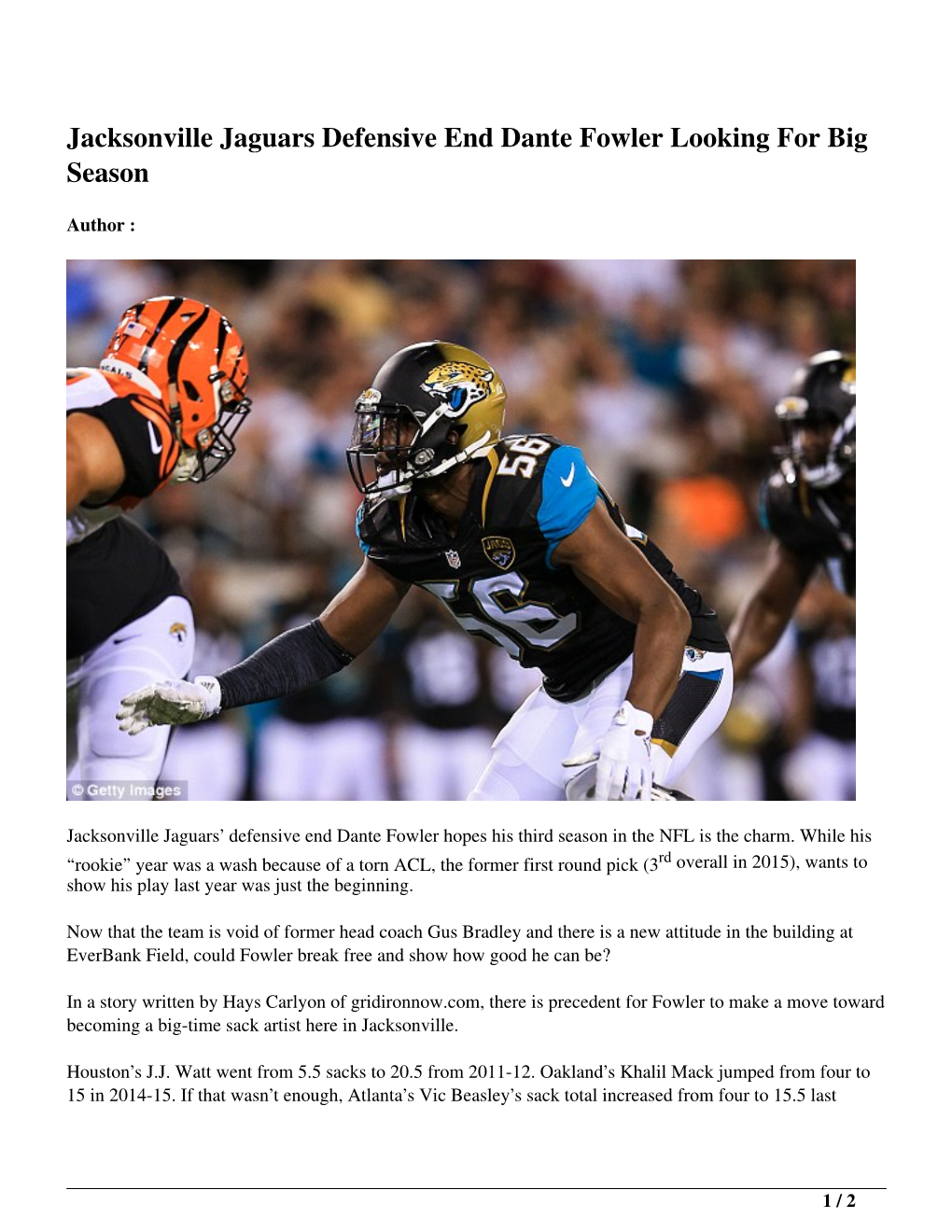 Jacksonville Jaguars Defensive End Dante Fowler Looking for Big Season