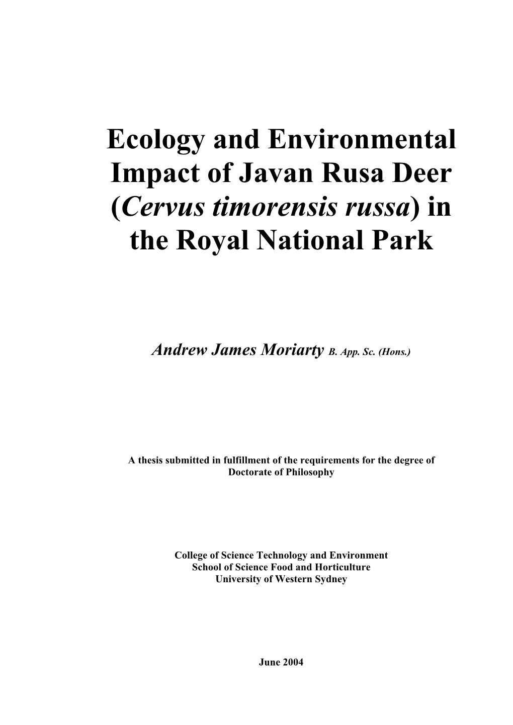 Ecology and Environmental Impact of Javan Rusa Deer (Cervus Timorensis Russa) in the Royal National Park