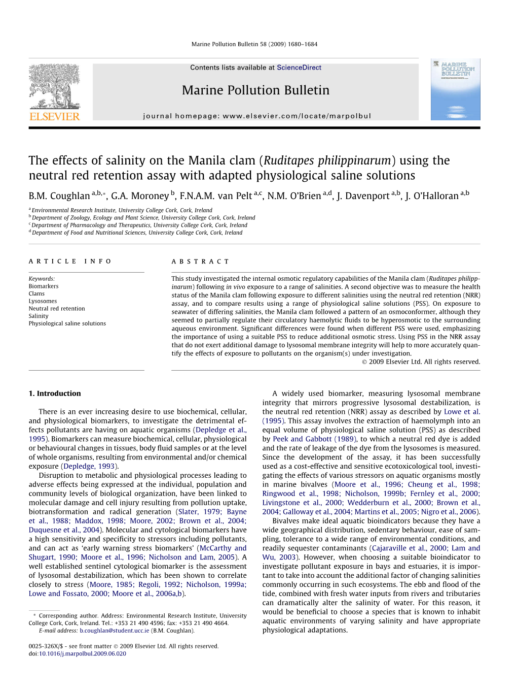 The Effects of Salinity on the Manila Clam (Ruditapes Philippinarum) Using the Neutral Red Retention Assay with Adapted Physiological Saline Solutions