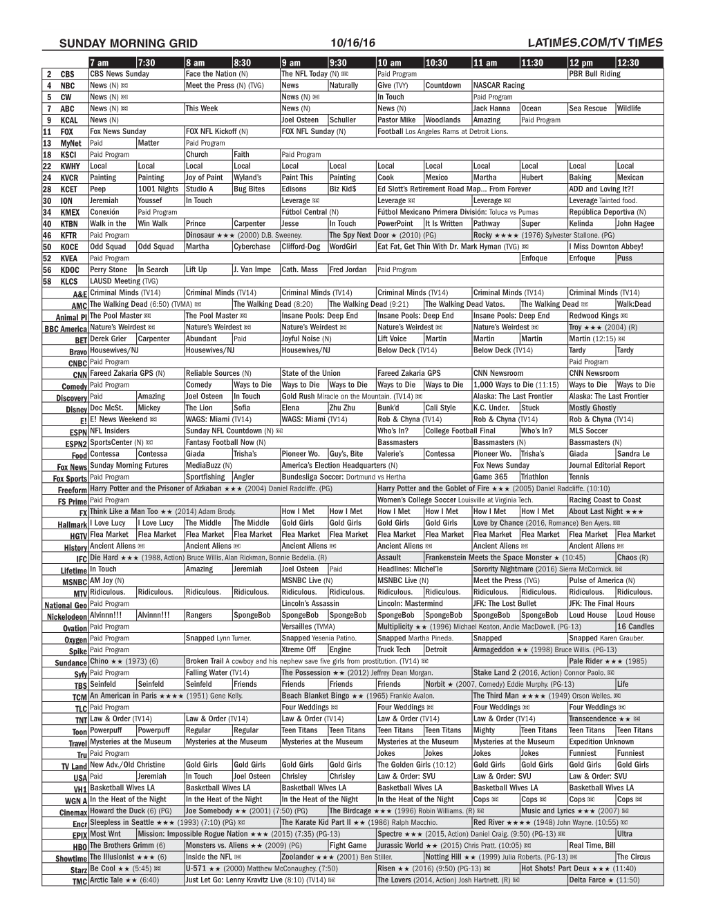 Sunday Morning Grid 10/16/16 Latimes.Com/Tv Times