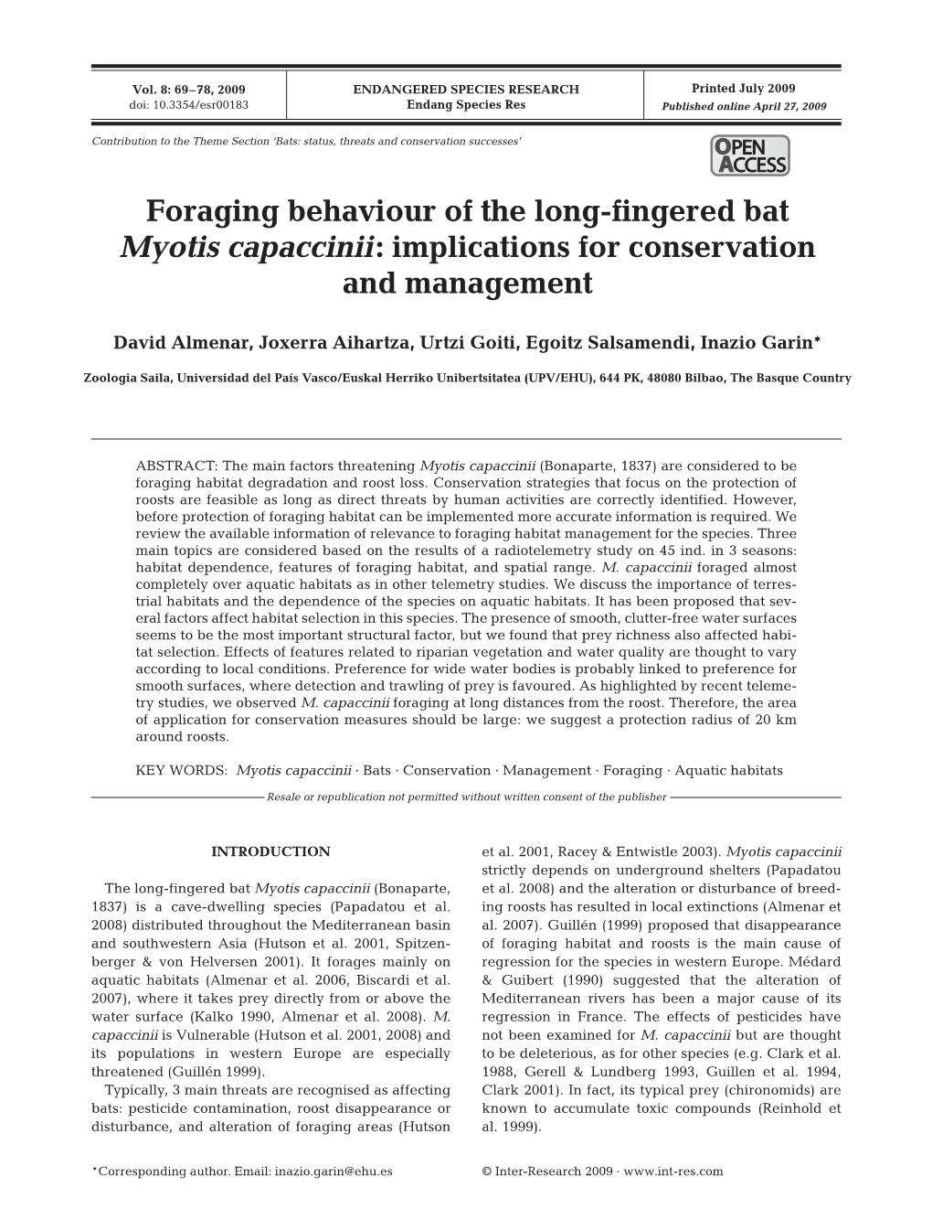 Foraging Behaviour of the Long-Fingered Bat Myotis Capaccinii: Implications for Conservation and Management