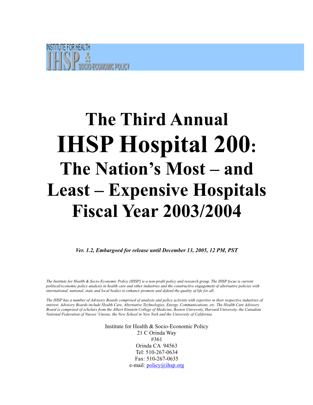 IHSP Hospital 200: the Nation’S Most – and Least – Expensive Hospitals