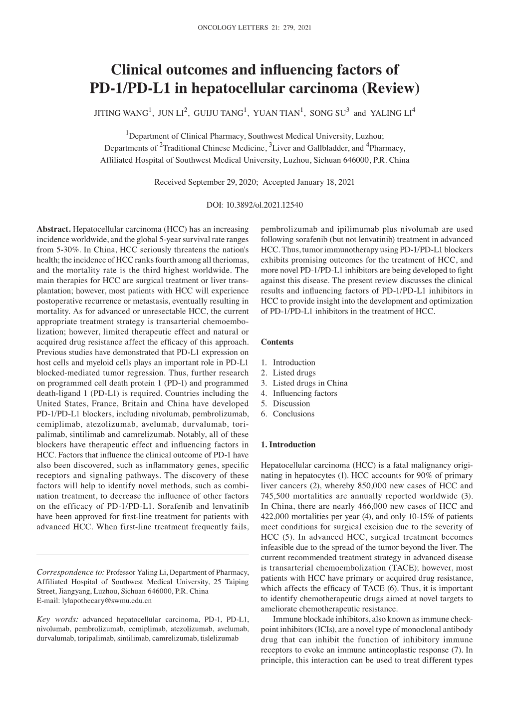 Clinical Outcomes and Influencing Factors of PD‑1/PD‑L1 in Hepatocellular Carcinoma (Review)