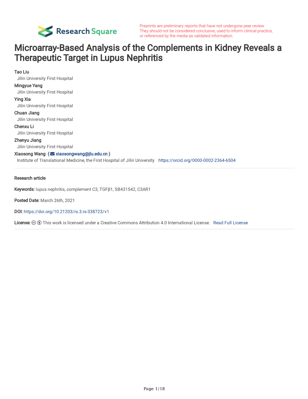 Microarray-Based Analysis of the Complements in Kidney Reveals a Therapeutic Target in Lupus Nephritis