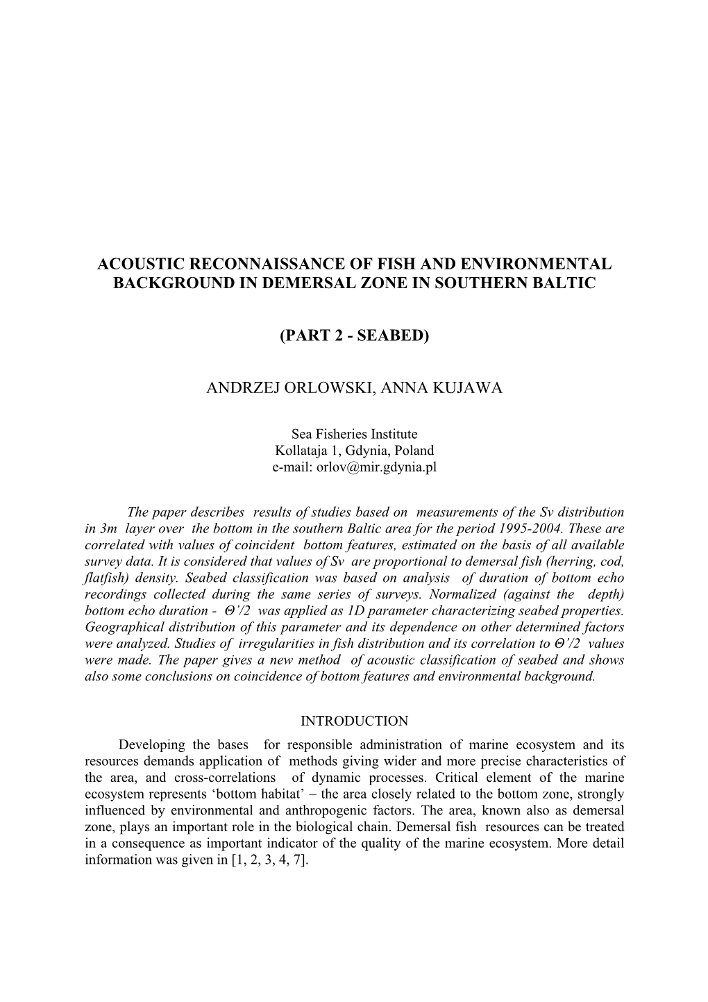 Acoustic Reconnaissance of Fish and Environmental Background in Demersal Zone in Southern Baltic