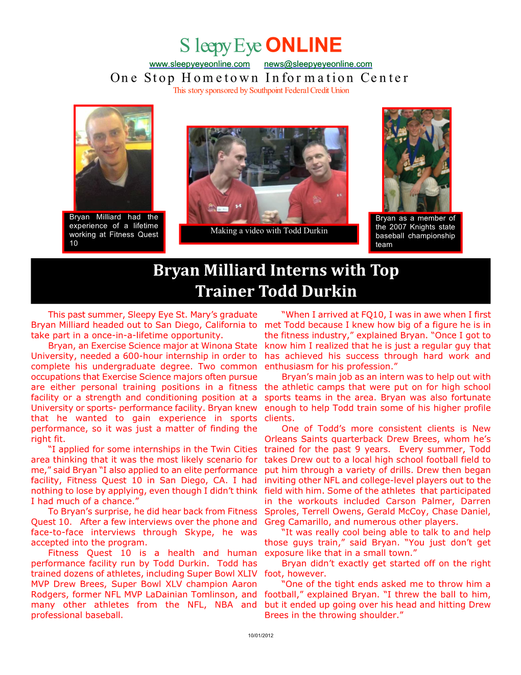 Bryan Millard Interns with Famous Trainer Todd Durkin