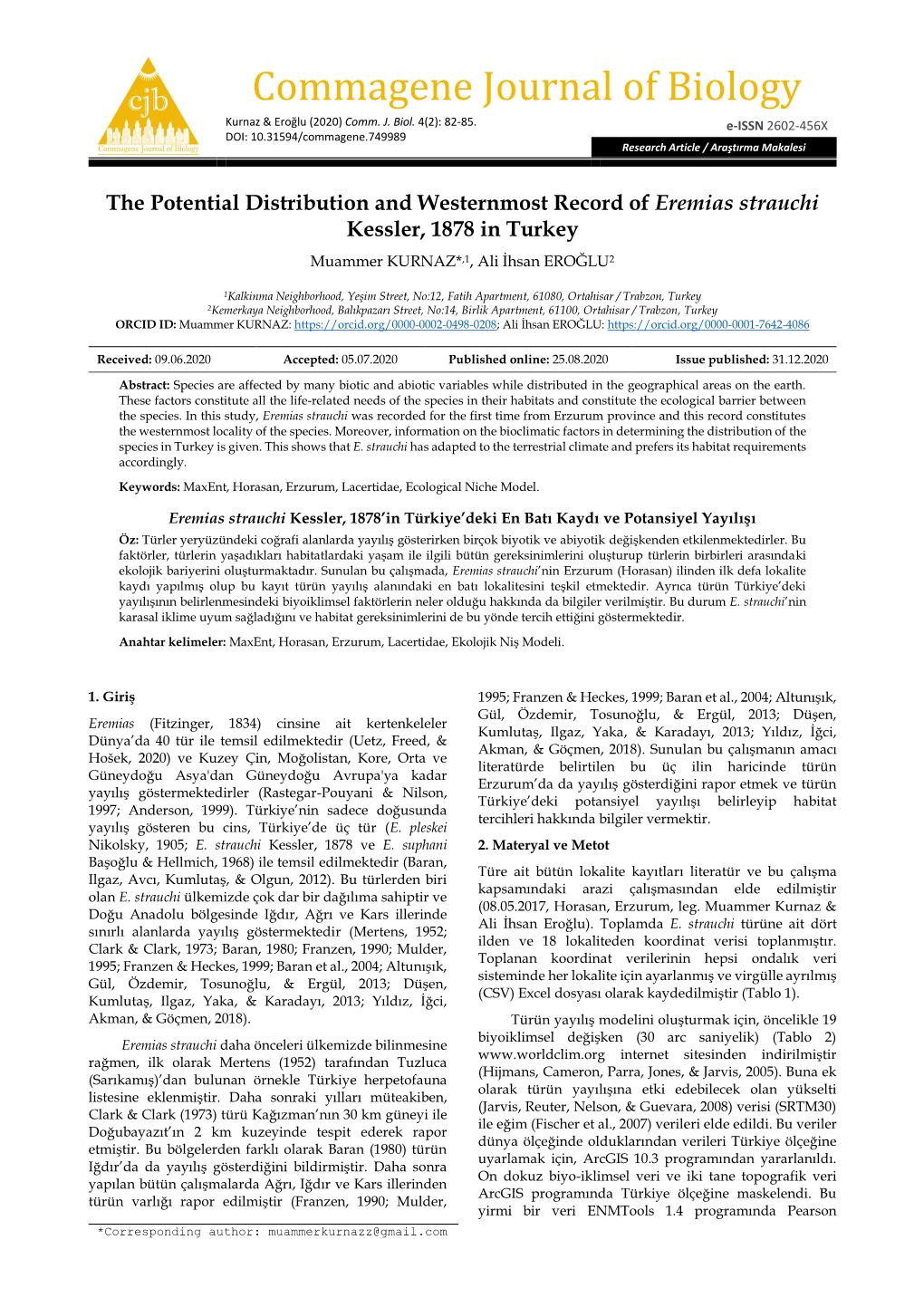 Commagene Journal of Biology Kurnaz & Eroğlu (2020) Comm